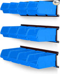 Ultrawall Wall Mounted Storage Bins, Plastic Hanging Storage Organizer Bins, Garage Tool Storage System for Screws, Nuts, Bolts, Nails, and Small Hardware Parts, 12x bins & 3 x rails, Blue