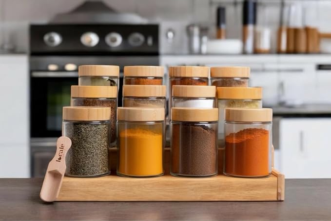 Glass Spice Jars & Labels- 8oz with Bamboo Lids - Spice Containers with 360 labels, Bamboo Lids & Measuring Spoons - Pantry Organization Storage Set for Spices Herbs Seasonings (12)