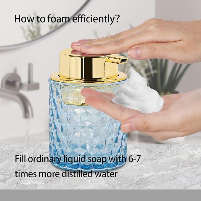 10 Oz Glass Hand Soap Dispenser with Pump, Refillable Bathroom Gold Foaming Soap Dispenser, Vintage Glass Diamond Lotion Container Bottle for Bathroom and Kitchen (1, Blue and Gold)