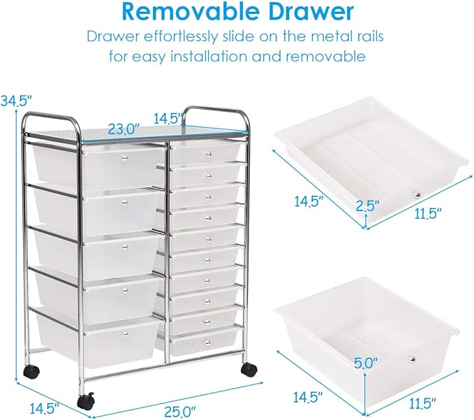 RELAX4LIFE 15-Drawer Rolling Storage Drawer Cart Organizer | 34.5"H Chrome Frame, Semi-Transparent Clear Drawers Rolling Wheels; School Office Home Salon Multipurpose Utility Storage