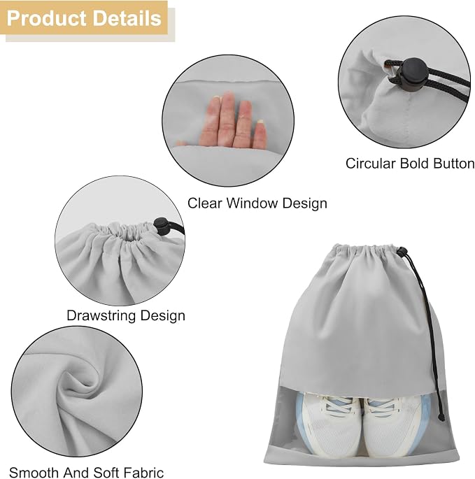 4 Pcs Shoe Bags for Travel with Clear TPU Window, 13.8"x17.7" Dustproof Travel Shoe Bags, Drawstring Travel Shoe Storage Bags for Men & Women (Grey)