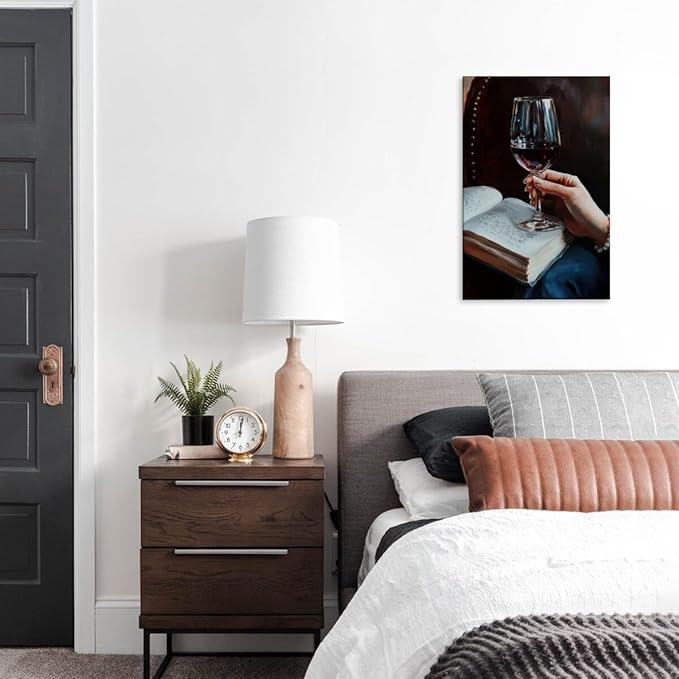 Wine and Book Girl Reading With Drink Art Aesthetic Poster Canvas Wall Art Decoration Living Room Home Decor Bedroom Decoration Poster Framed12x18inch