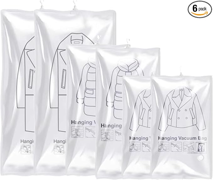 Hanging Vacuum Storage Bags for Coats, Hanging Vacuum Sealer Storage Space Saver Bags, Reusable Thickened Hanging Vacuum Bags with Hooks for Closet, for Clothes, Suits, Dresses, Coats (2S+2M+2L)