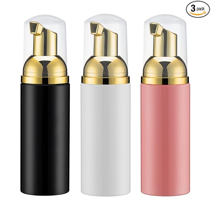 Travel Foam Pump Bottle - 2oz Small Size Foaming Hand Soap Dispenser - Mini Portable Mousse Lash Shampoo Kit Container for Hair - Empty Leak Proof Plastic Gold &Black,White,Pink Foamer 3Pack