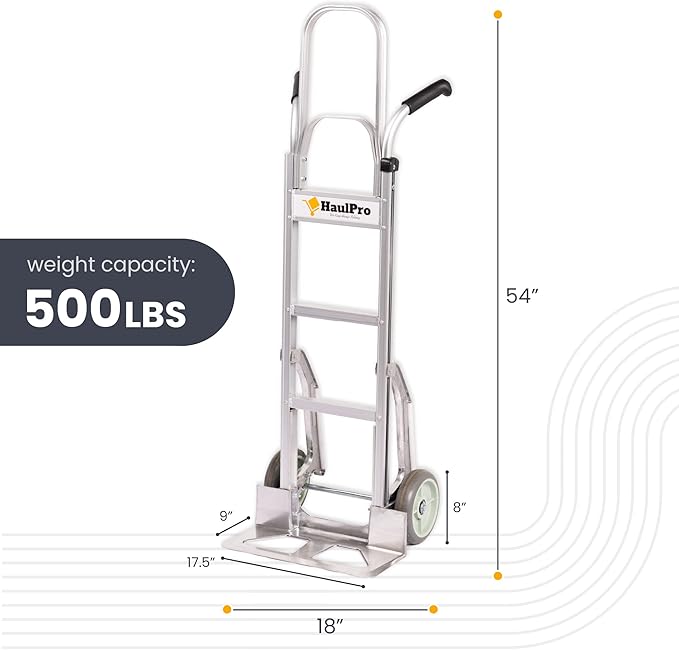 Dual Handle Stair Climbing Hand Truck, 500 lb Capacity Aluminum Dolly, 8" Puncture Resistant Wheels, Heavy Duty Appliance & Furniture Mover, 54" x 18.5" with Large Nose Plate