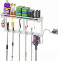 Broom Holder Wall Mount with Shelf,Broom Hanger,3 in 1 Broom and Mop Organizer Wall Hanging for Laundry,Garage,Utility,Broom Rack,Vacuum Stand Alternative,Cleaning Supplies Organizer Storage,White,L