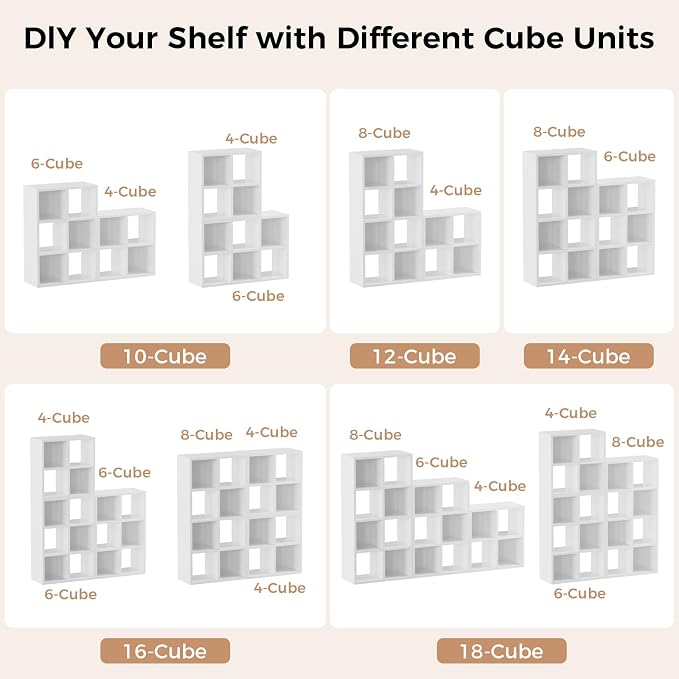 LUCKLIFE 8-Cube Storage Organizer, Stackable Modular Bookcase Shelf with Vertical or Horizontal Use, Fits 11×11" Bins, Optional Back Panels, for Living Room, Office, White