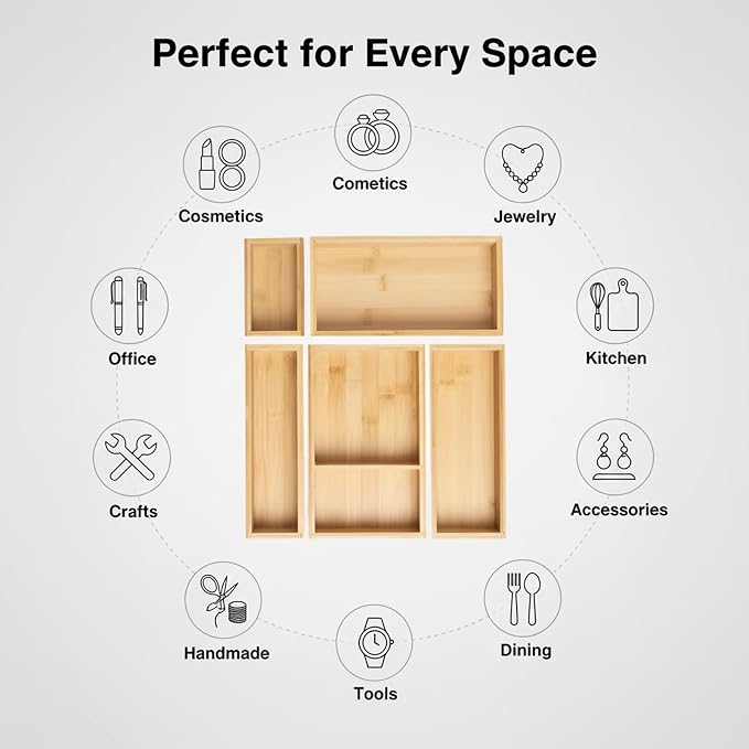 Bamboo Drawer Organizer Set, 5 Piece | Modular Wooden Storage Trays, Kitchen, Bathroom, Vanity Office Desk, Decluttering Solution, Makeup, Jewelry Office Supplies