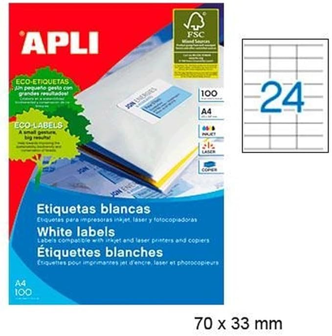 APLI 1293 Box of 100 Sheets, Labels, White
