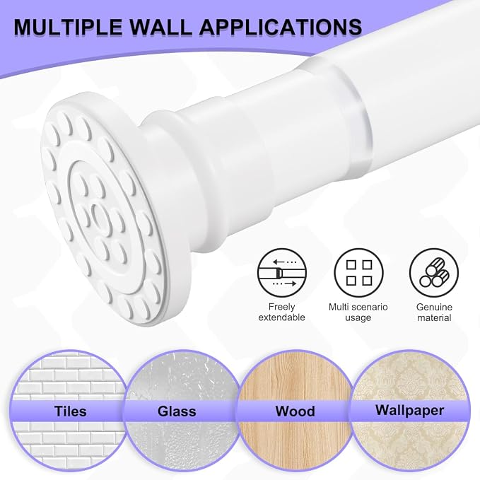 White Short Shower Curtain Rod 18-32 Inch, Non-Slip, Stainless Steel | Small Shower Curtain Rod with Adjustable Length, No Drilling Needed for Easy Installation