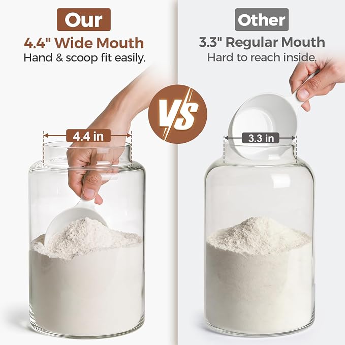 ComSaf 2Pcs (4.2Qt/1Gal) Wide-Mouth Flour Sugar Storage Containers - Include Scoops & Labels, Easy to Scoop & Airtight, Large Glass Jar for Bakers to Store Flour, Rice, and Dry Goods in Kitchen Pantry