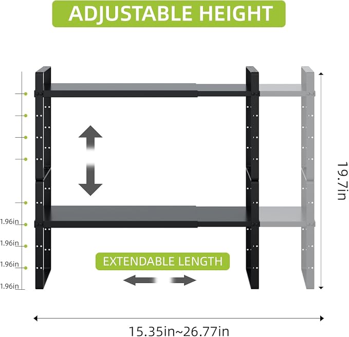 Expandable Cabinet Shelf Organizer Rack, Stackable Kitchen Counter Storage Shelves Stand, Adjustable Height Pantry Shelf Spice Rack (Black-2 Pack, 8.7" D x 15.4-26.8" W x 9.8" H)