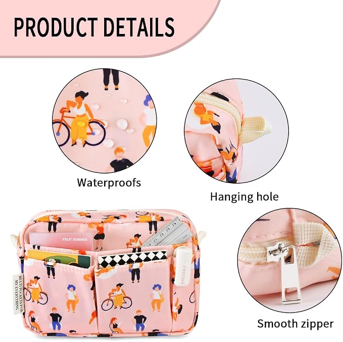 E-WEICHEN Multiple Pockets Portfolio Organizer with Zippered, Makeup Bag Travel Essentials for Women, Simple Waterproof Stationery Pencil Pouch Bag for Journal Office Art Supplies.Pink People