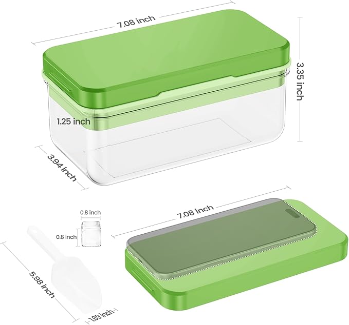 0.8“ Ice Cube Tray with Lid and Bin, PHINOX 28 Cubes Ice Trays for Freezer, Ice Cube Trays for Freezer with 1 tray, Container, Lid & Ice Scoop, BPA Free, Green(28Cubes/Tier)