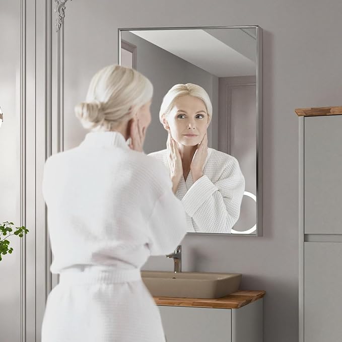 Head West Spectrum Modern Rectangular Mirror 24" x 30", Brushed Nickel Finished Stainless Steel Framed Bathroom Mirrors for Over Sink and Living Room and Entry Way