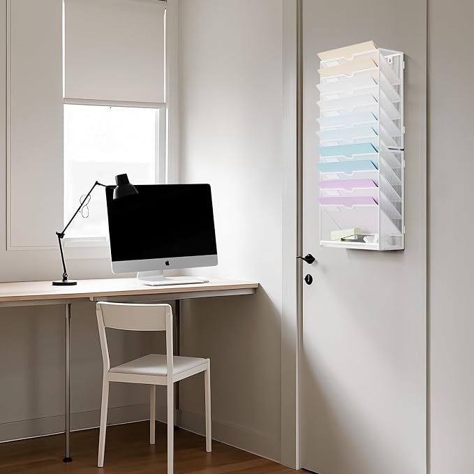 Marbrasse Wall File Holder 11-Tier Hanging Wall File Organizer, for Papers, Files Clipboard & Magazine Organizer, Wall Mount File Holder Great for Office Home (White)