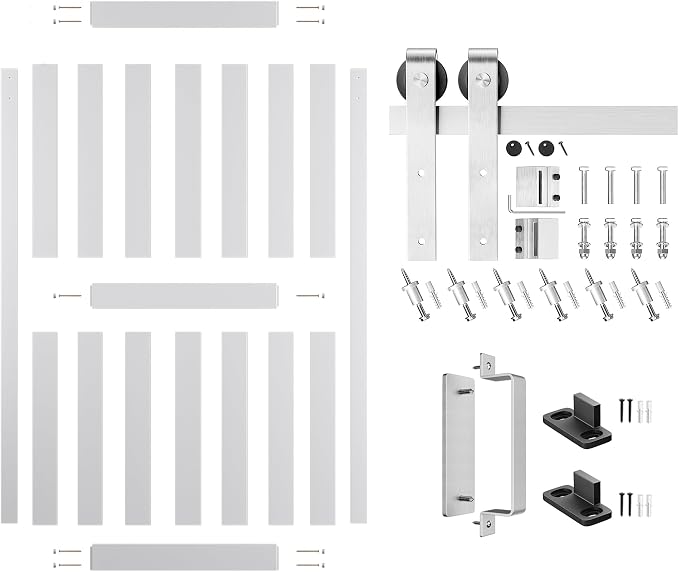 48''x96'' Sliding Barn Door with 8 Ft Brushed Nickel Hardware Kit | Pre-Drilled Holes Easy Assembly - Include Installation Manual, Water-Proof PVC Surface, H-Frame, White
