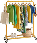 Sywhitta Metal Clothing Rack on Wheels with Bottom Shelf,Gold Yellow | Rolling Garment Rack for Hanging Clothes, Coats, Skirts, 39.76" L x 16" W x 63.78" H,Space-Saving Mobile Organizer for Closet