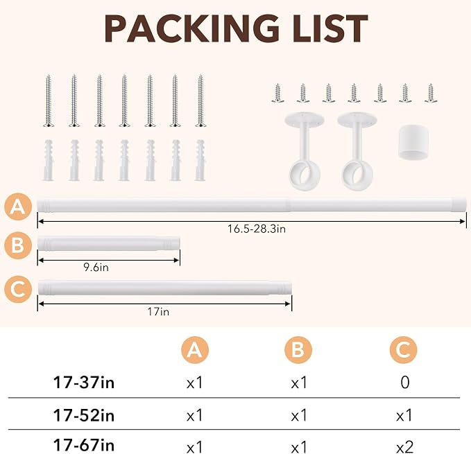 SUTINE Closet Rod, Closet Rods for Hanging Clothes, 17 to 52 inch Adjustable Ceiling/Wall mounted Closet Hanging Rod, Heavy Duty Clothes Rod Clothing Bar, Closet Poles for Hanging Clothes for Wardrobe