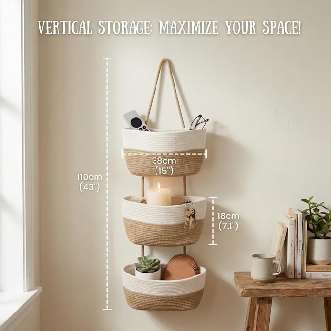 Hanging Basket, Woven 3 Tier Over Door Basket with 4 Hooks | Hanging Storage Basket for Door, Wall, Nursery, Bathroom, Bedroom, Decorative Over Door Basket Organizer for Stuffed Animals