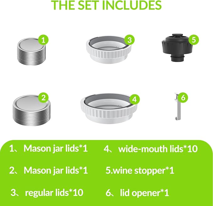 Mason Jar Vacuum Sealer Kit with 2 Sealers, 20 Reusable Lids (Wide & Regular Mouth), Wine Vacuum Stopper & Opener, Food Storage System for Meal Prep, Pantry, Without Mason Jar