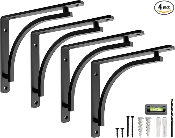 Classic Black Heavy Duty Shelf Brackets 8 inch by Balin Designs – L Bracket, Wall Mounted Support, Shelving Metal Bracket, Decorative Shelf Brackets, with Hardware Included, Set of 4
