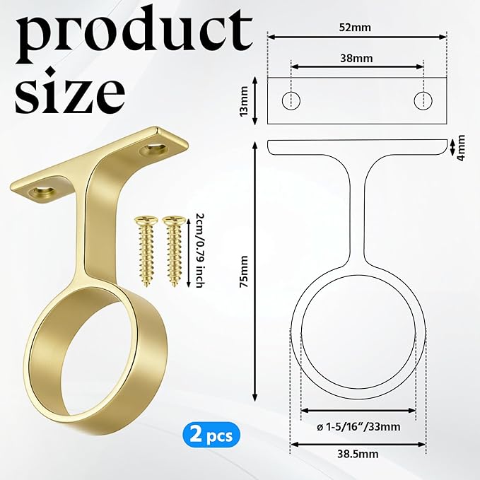 LEIFIDE 2 Pcs 1 5/16 Inch Diameter Round Wardrobe Closet Rod Suspended Center Support with Installation Screws Curtain Closet Rod Ceiling Mount Bracket for Home Wardrobe (Matte Brass)