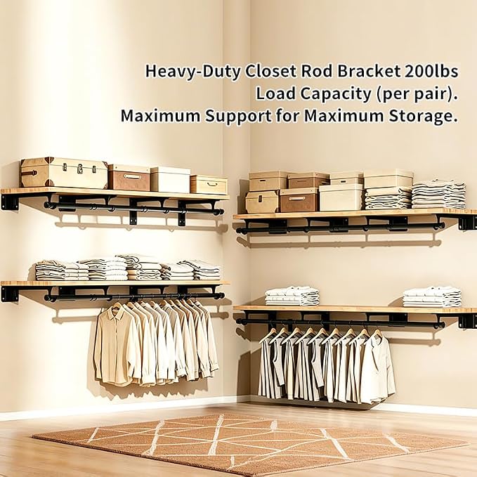 Heavy Duty Closet Rod Bracket with Closet Rod（11-47in Support 200lbs | L-Shaped Wall Mount Closet Shelf Brackets with Adjustable Hanging Rods Hanging Kit for Laundry Wardrobe Bathroom Kitchen