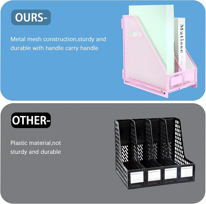 Desk Organizers Metal Magazine File Holder Racks Desktop Folder Storage Binder Organiser Document Organization for Home Office & Classroom,2 Vertical Compartments-Pink