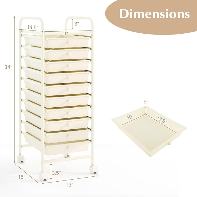 LDAILY 10 Drawer Rolling Storage Cart, Craft Organizer on Wheels, Drawer Cart with Metal Frame & Large Storage Capacity, Rolling Cart with Drawers for Living Room Classroom, Office