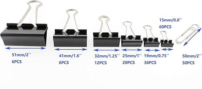 Assorted Sizes Binder Clips，Paper Clamps,Black Metal Fold Back Clips for Office School Supplies,Large, Medium,Small Size Metal Clips,Big Size Paper Holder,Elastic Rubber Band (190 PCS Black)