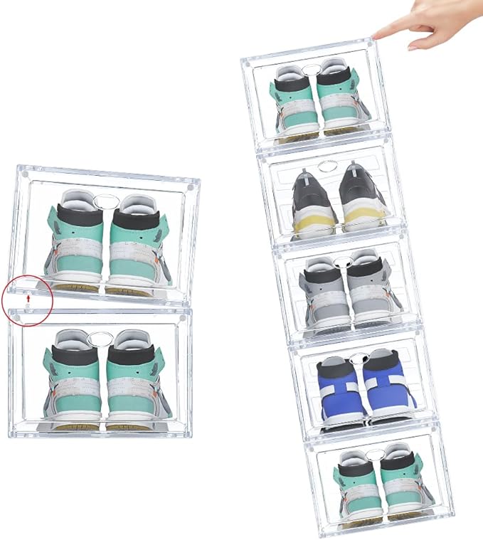 12 Pack Clear Shoe Boxes Stackable for Closet, Drop Front Large Plastic Shoe Containers