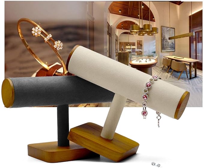 Oirlv Solid Wood Hovering T-Bar Jewelry Display Stand Watches Bracelet Necklace Bangle Holder Jewelry Organization(Creamy-White)