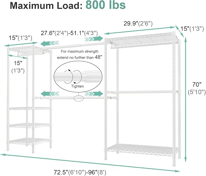 SEMHOR E01 Expandable Heavy Duty Clothes Rack, Free Standing Closet System Organizer, Adjustable Portable Carbon Steel Garment & Clothing Racks for Hanging Clothes (72.5-96"), 800LBS Max Load, White