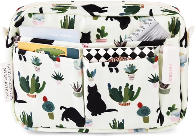 E-WEICHEN Multiple Pockets Portfolio Organizer with Zippered, Makeup Bag Travel Essentials for Women, Simple Waterproof Stationery Pencil Pouch Bag for Journal Office Art Supplies.White Black Cat