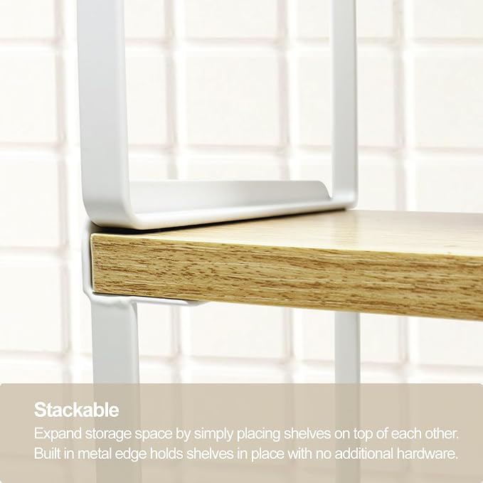 Mitus Shelf Organizer and Storage, Tiered Wood Cabinet Rack for The Kitchen Counter, Bathroom Counter, Pantry Cupboard, Office Desk Bookshelf, 16" Wide Natural and White