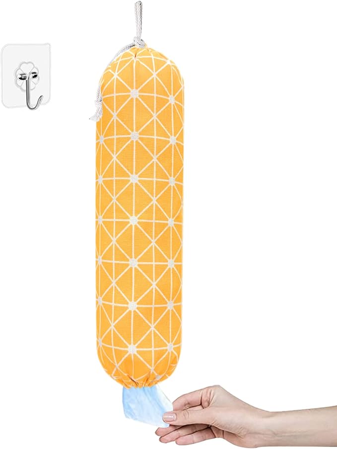 SYIPO Plastic Bag Holder Shopping Bags Carrier, Washable Large Grocery Bag Storage Dispenser for Home Kitchen Travelling, Free Adjustment with Drawstring, Yellow, 22x9