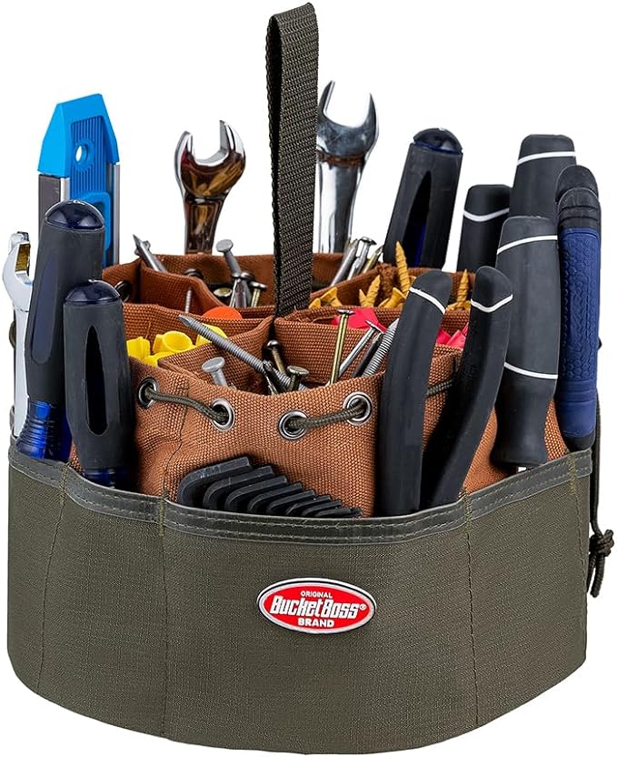 BucketBoss 25001 Canvas Organizer Parachute Bag with 19 Pockets for Nails,Screws, and Bolts in Brown