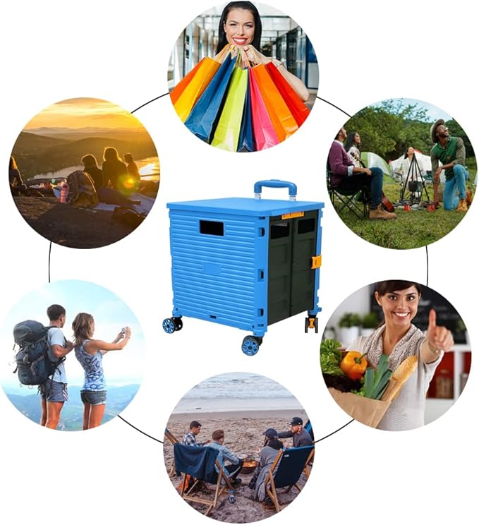 FELICON SELORSS Foldable Utility Cart Folding Portable Rolling Crate Handcart with Durable Heavy Duty Telescoping Handle Collapsible 4 Rotate Wheels for Travel Shop Move Luggage Laundry (Light Blue)