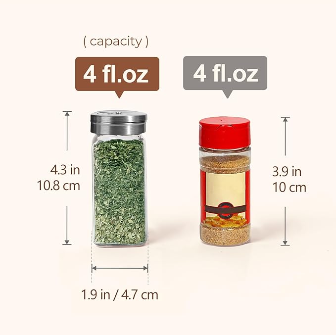 ComSaf Glass Spice Jars with Shaker Lids 4 oz 24 Pack Small Square Bulk Set | Labels, Seasoning Herbs Powders, Salt Pepper Chili, Spice Rack Organization, Kitchen Cabinet Storage, Funnel Included
