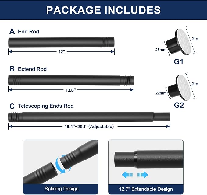 No Drilling Closet Rod, 27.5-74 Inches Hanging Closet Rod for Clothes, Closet Bar & Pole Heavy-duty, Closet Rods for Hanging Clothes For Closet Wardrobes Bathroom Laundry RV Curtains,Black