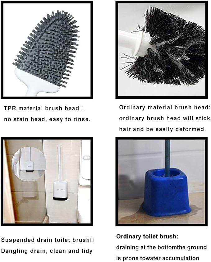 Sellemer Silicone Toilet Brush, Ventilation Slots Holder 2 Pack Pearl White | Flexible Bristles Flat Head for Rim, Hair Tangle-Free, Easy to Clean, Compact Design, Rustproof Handle, for Toilet/Sink/Tub
