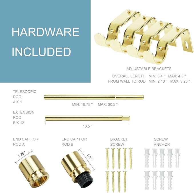 Byondeth Curtain Rods for Windows 16 to 200 Inches Adjustable Length 1 Inch Diameter Window Curtain Rod with Aluminium Finials, Gold