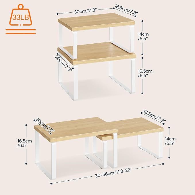 HOOBRO Cabinet Organizer Shelf, Set of 2, Kitchen Countertop Organizer, Kitchen Countertop Shelf, Spice Rack for Counter, Stackable, Expandable for Cabinet, Kitchen, Natural and White WN33TL01