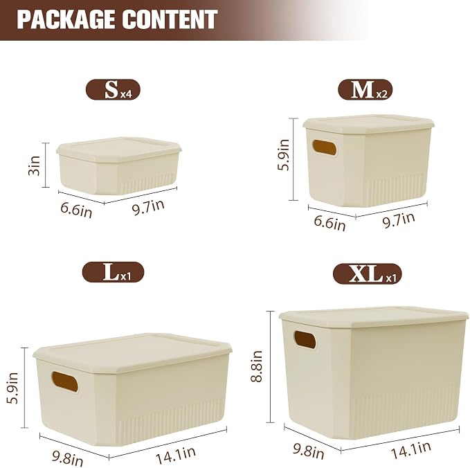 ANMINY 8PCS Plastic Storage Bins Containers with Lids, Large Storage Organization Bins Boxes, Lidded Plastic Storage Baskets for Closet Shelves Desktop, Ivory Lids, 1XL + 1L + 2M + 4S