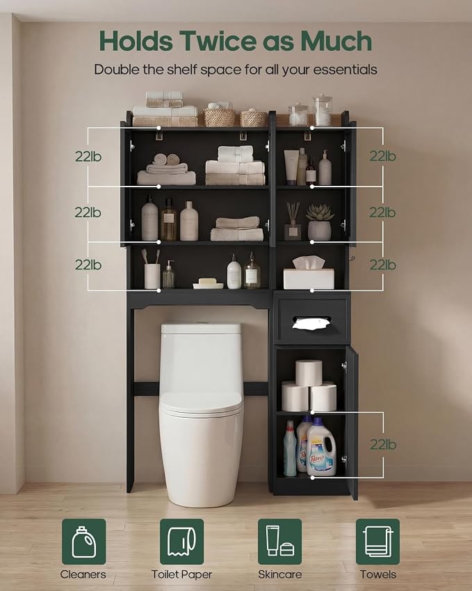 7-Tier Over Toilet Storage Cabinet, 2-in-1, Separable Bathroom Storage | Over-Toilet and Tall Narrow Cabinet, with Doors, Adjustable Shelf, Big/Small Room, Laundry, Tissue Holder, Anti-Tip