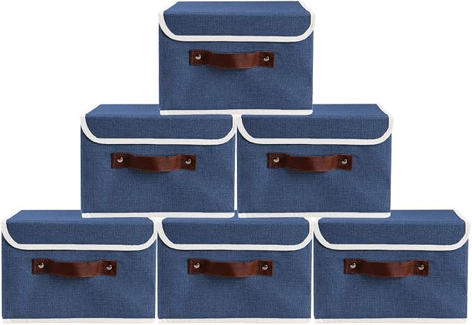 2Pack Storage Bins Boxes with Lids 10" x 8" x 7" Decorative Storage Baskets | Cotton Linen Fabric, Collapsible, Faux Leather Handles, Storage Cubes, Closet Shelf Clothes Organizer Container, Blue