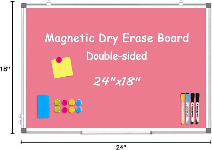 WALGLASS Magnetic Whiteboard 24"x18" Dry Erase White Board for Walls with Pen Tray, Aluminium Frame and Dry-Wipe Writing Surface for Drawing, Home, and Office (Pink)