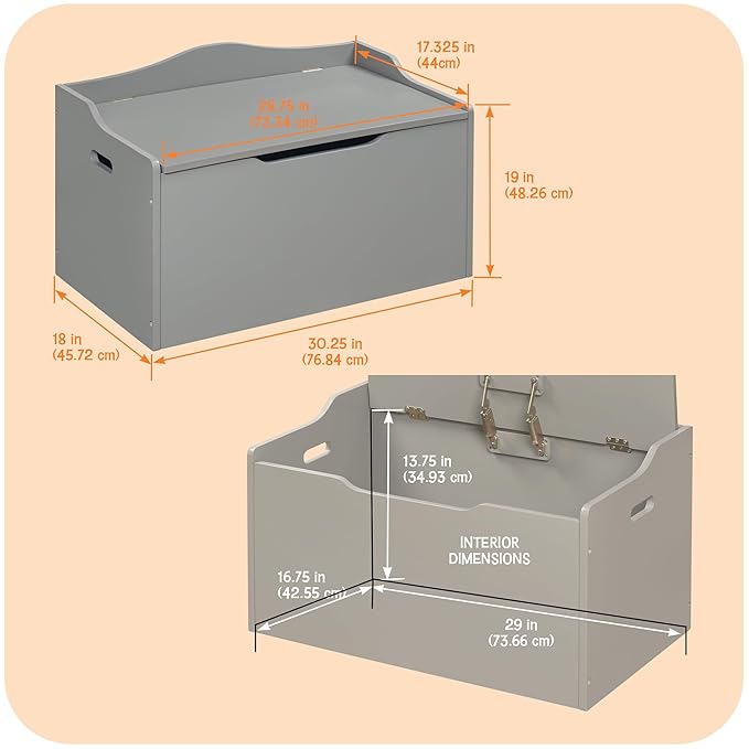 Badger Basket Bench-Top Wooden Toy Box in Gray – Safe Storage Chest with Dual Safety Hinges, Side Handles, and Front Slot