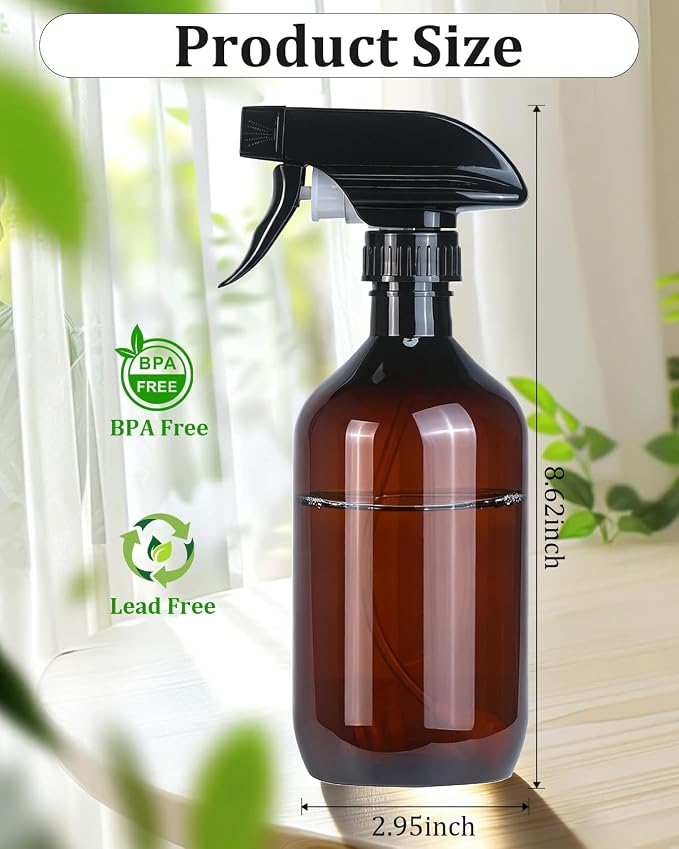 2 Pack 360° Spray Bottles, 16 oz Plastic Small Containers with Adjustable Spray Nozzles, Spray Bottles for Hair, Cleaning Solutions, BBQ and Plants Amber